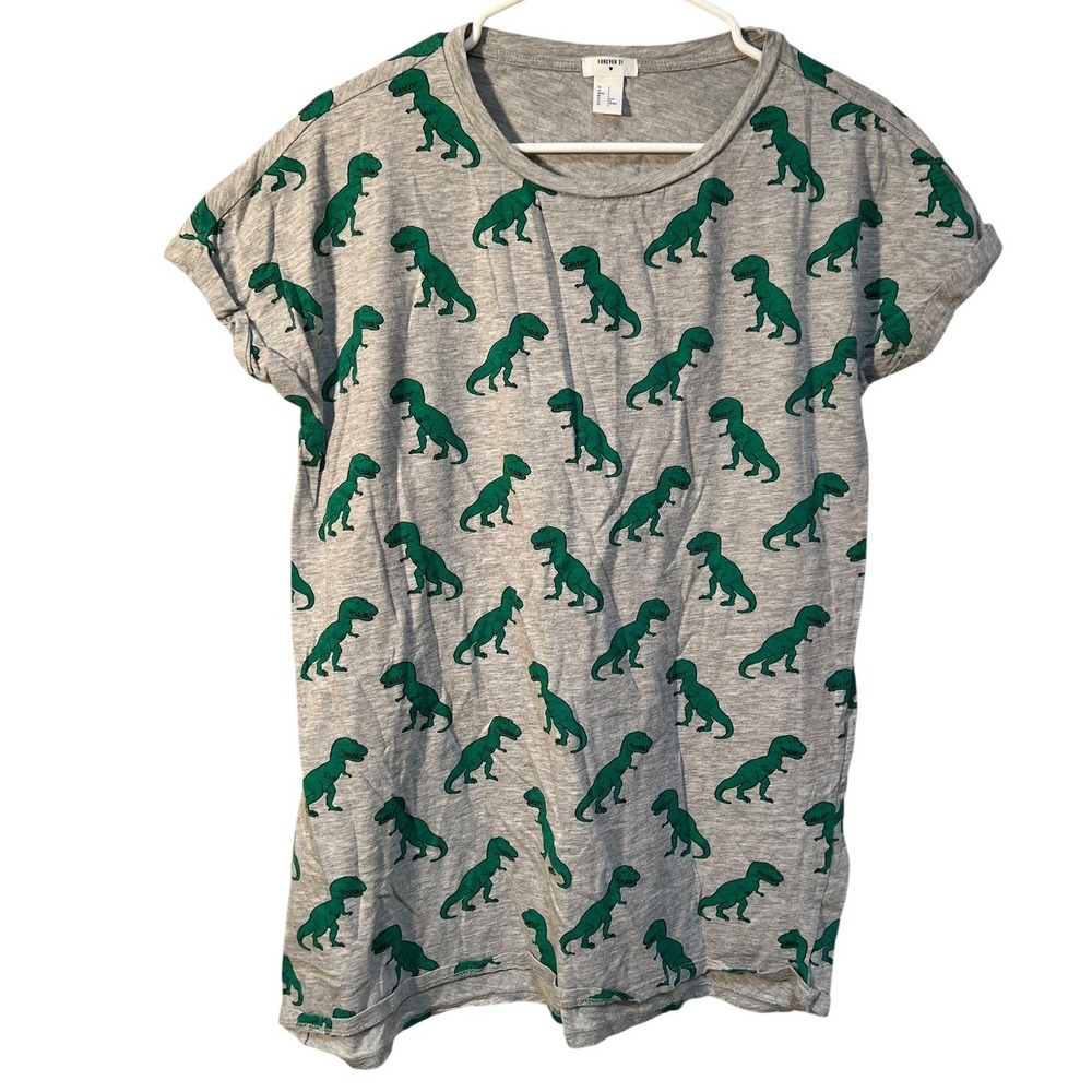 Forever 21 Women's Sz Small T-Shirt Gray Green T-Rex Dinosaur Print Cotton Modal